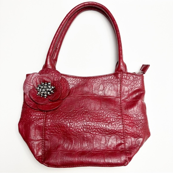 Handbags - Red Flower Beaded Small Faux Leather Handbag Purse
